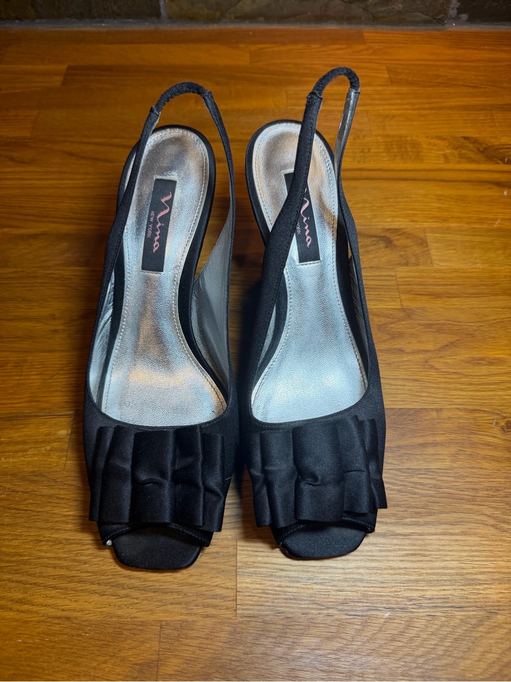 Nina New York Black Satin Peep-Toe Ruffle Slingback Heels - Picture 3 of 11